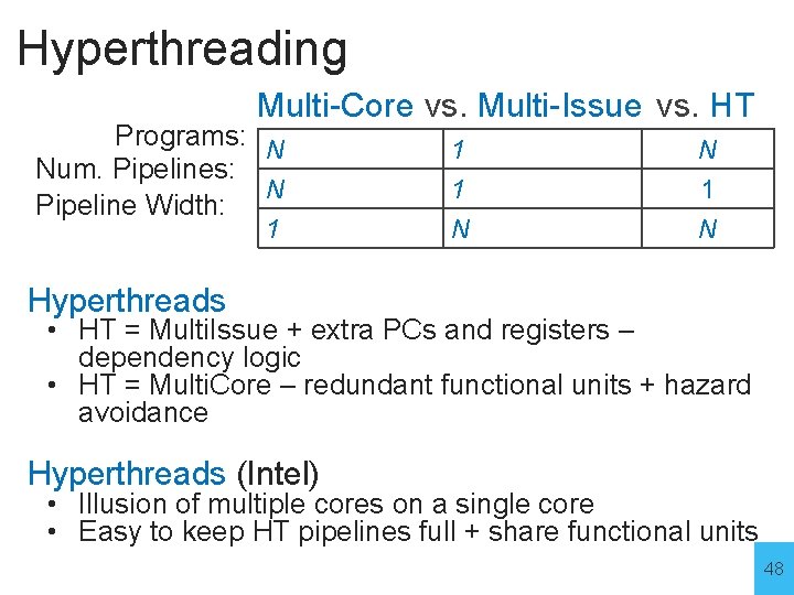 Hyperthreading Multi-Core vs. Multi-Issue vs. HT Programs: N Num. Pipelines: N Pipeline Width: 1