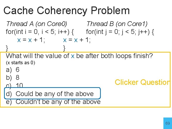 Cache Coherency Problem Thread A (on Core 0) Thread B (on Core 1) for(int