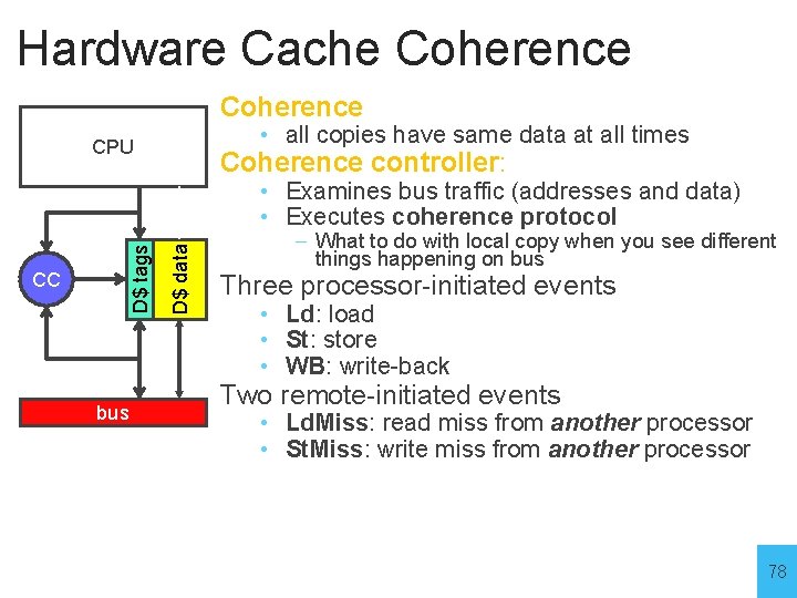 Hardware Cache Coherence • all copies have same data at all times CPU Coherence