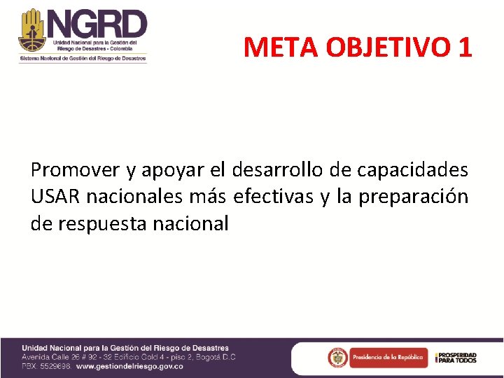 META OBJETIVO 1 Promover y apoyar el desarrollo de capacidades USAR nacionales más efectivas