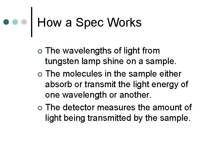 How a Spec Works The wavelengths of light from tungsten lamp shine on a