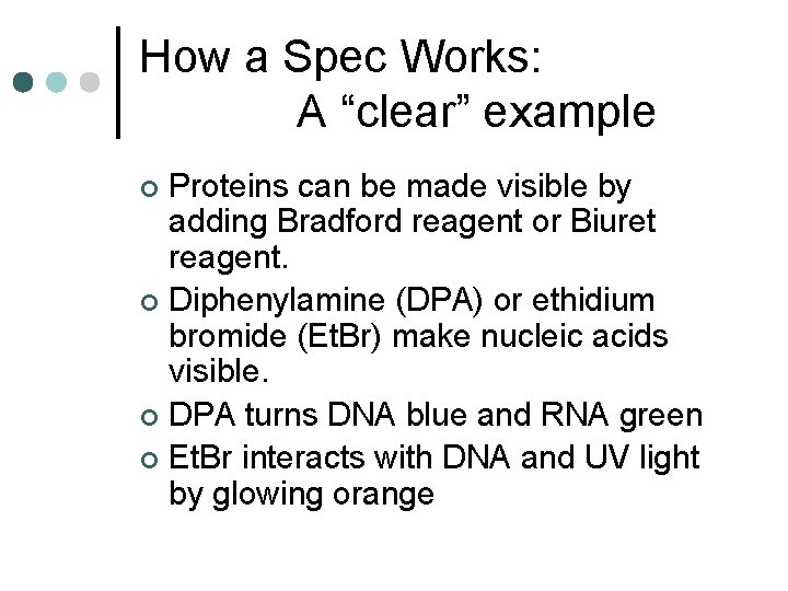 How a Spec Works: A “clear” example Proteins can be made visible by adding