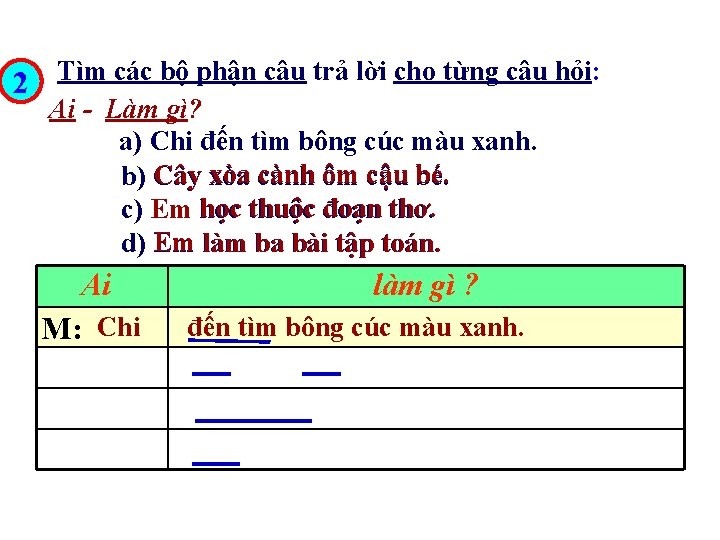 Tìm các bộ phận câu trả lời cho từng câu hỏi: 2 Ai -