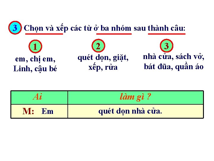 3 Chọn và xếp các từ ở ba nhóm sau thành câu: 1 em,