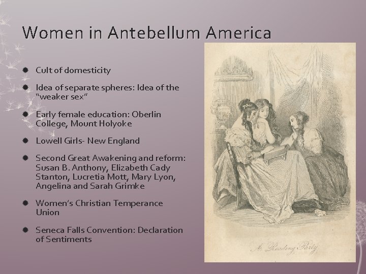 Women in Antebellum America Cult of domesticity Idea of separate spheres: Idea of the
