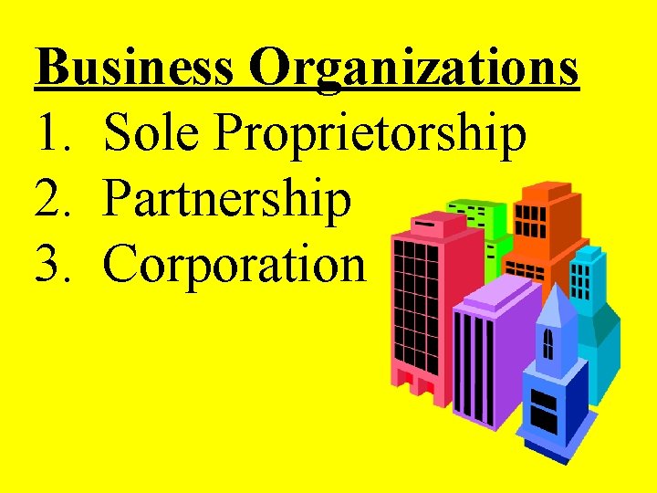 Business Organizations 1. Sole Proprietorship 2. Partnership 3. Corporation 