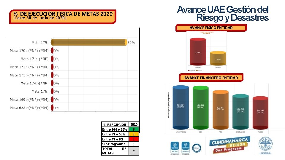 Avance UAE Gestión del Riesgo y Desastres % DE EJECUCIÓN FISICA DE METAS 2020