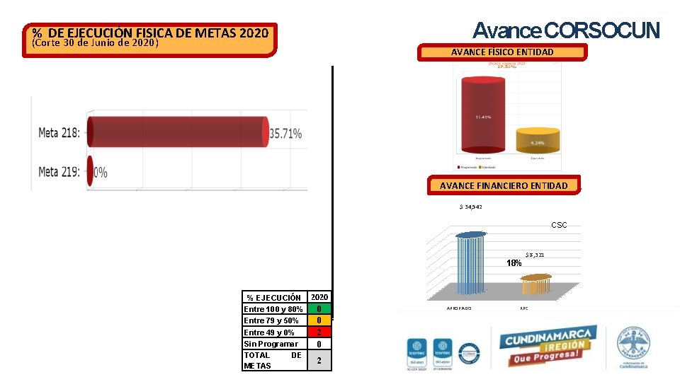 Avance CORSOCUN % DE EJECUCIÓN FISICA DE METAS 2020 (Corte 30 de Junio de