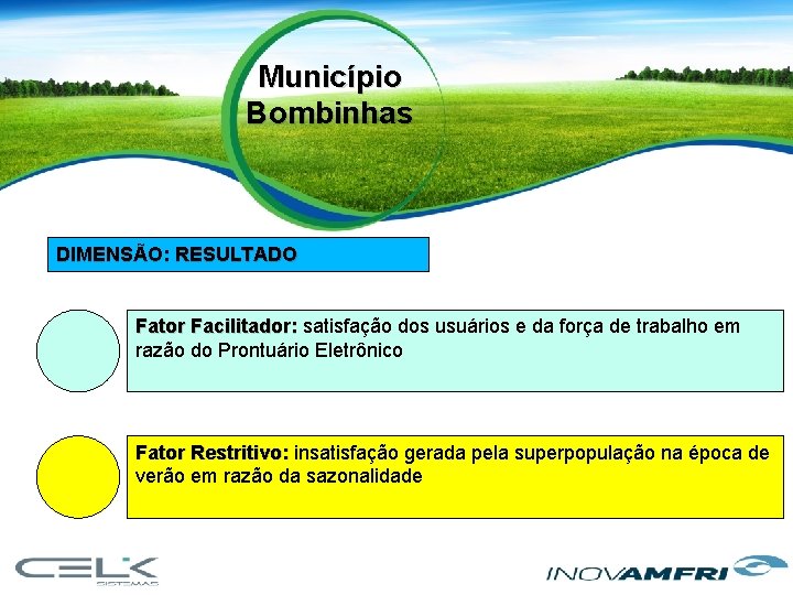 Município Bombinhas DIMENSÃO: RESULTADO Fator Facilitador: satisfação dos usuários e da força de trabalho
