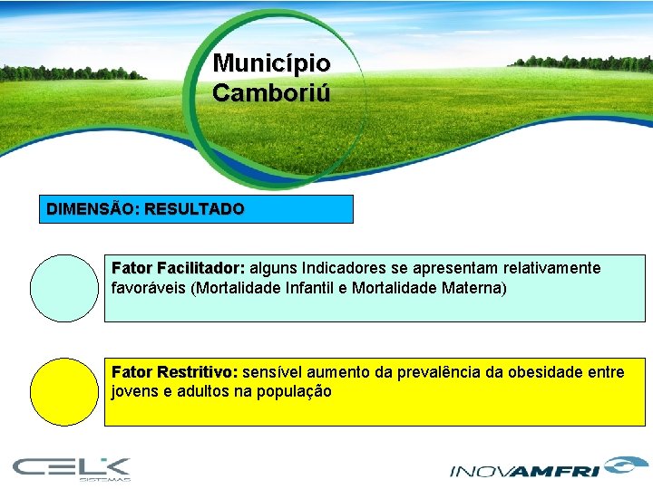 Município Camboriú DIMENSÃO: RESULTADO Fator Facilitador: alguns Indicadores se apresentam relativamente favoráveis (Mortalidade Infantil