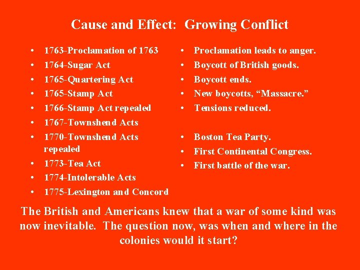 Cause and Effect: Growing Conflict • • 1763 -Proclamation of 1763 1764 -Sugar Act