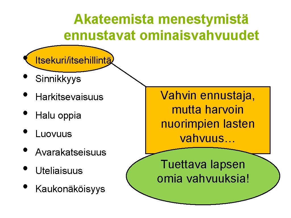 Akateemista menestymistä ennustavat ominaisvahvuudet • • Itsekuri/itsehillintä Sinnikkyys Harkitsevaisuus Halu oppia Luovuus Vahvin ennustaja,