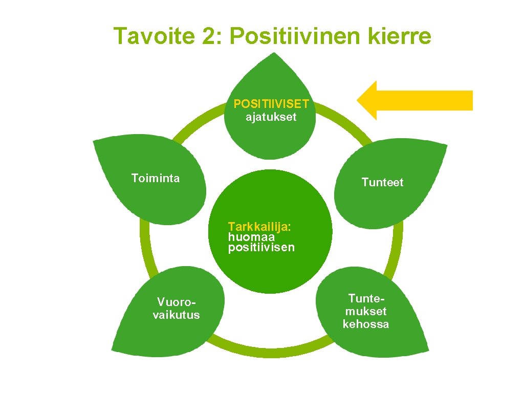 Tavoite 2: Positiivinen kierre POSITIIVISET ajatukset Toiminta Tunteet Tarkkailija: huomaa positiivisen Vuorovaikutus Tuntemukset kehossa