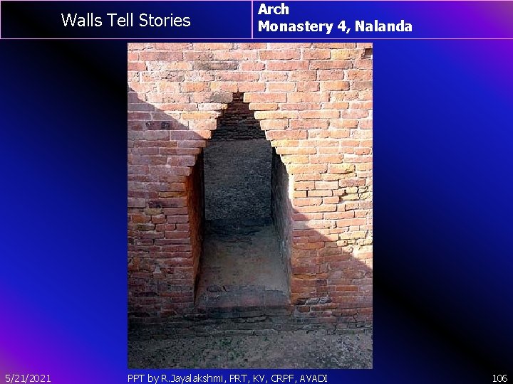 Walls Tell Stories 5/21/2021 Arch Monastery 4, Nalanda PPT by R. Jayalakshmi, PRT, KV,