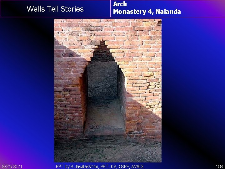 Walls Tell Stories 5/21/2021 Arch Monastery 4, Nalanda PPT by R. Jayalakshmi, PRT, KV,
