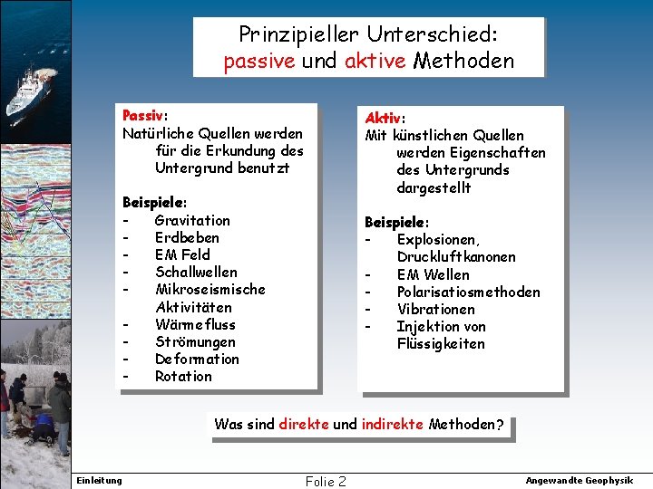 Prinzipieller Unterschied: passive und aktive Methoden Passiv: Natürliche Quellen werden für die Erkundung des