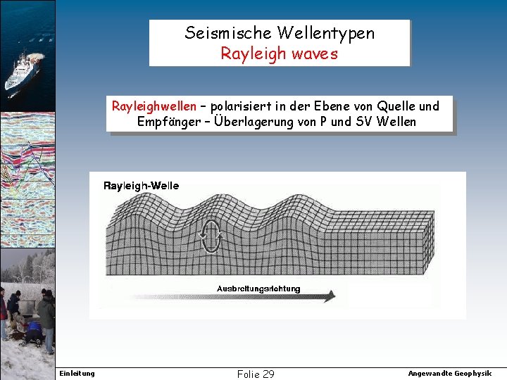 Seismische Wellentypen Rayleigh waves Rayleighwellen – polarisiert in der Ebene von Quelle und Empfänger