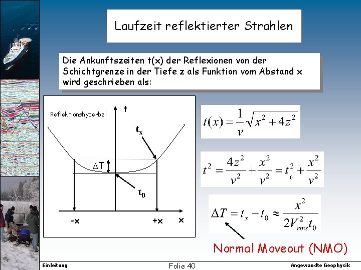 Laufzeit reflektierter Strahlen Die Ankunftszeiten t(x) der Reflexionen von der Schichtgrenze in der Tiefe