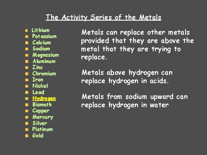 The Activity Series of the Metals Lithium Potassium Calcium Sodium Magnesium Aluminum Zinc Chromium The Activity Series of the Metals Lithium Potassium Calcium Sodium Magnesium Aluminum Zinc Chromium