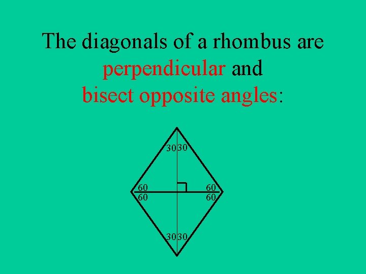 The diagonals of a rhombus are perpendicular and bisect opposite angles: 30 30 60