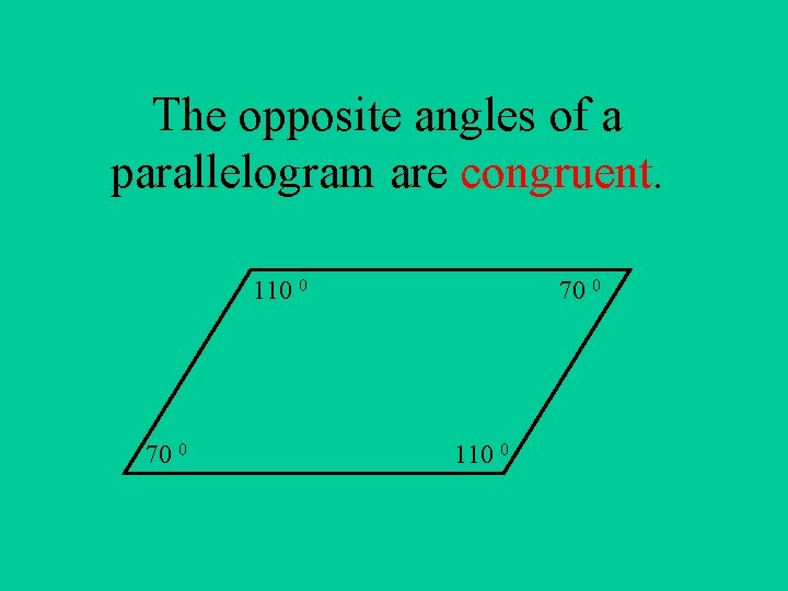 The opposite angles of a parallelogram are congruent. 110 0 70 0 110 0