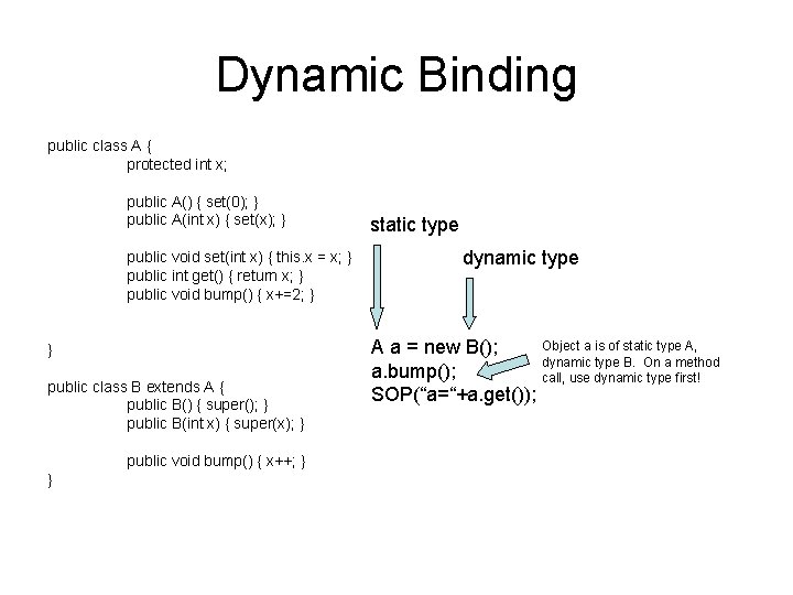 Dynamic Binding public class A { protected int x; public A() { set(0); }