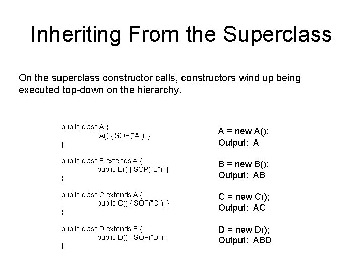 Inheriting From the Superclass On the superclass constructor calls, constructors wind up being executed