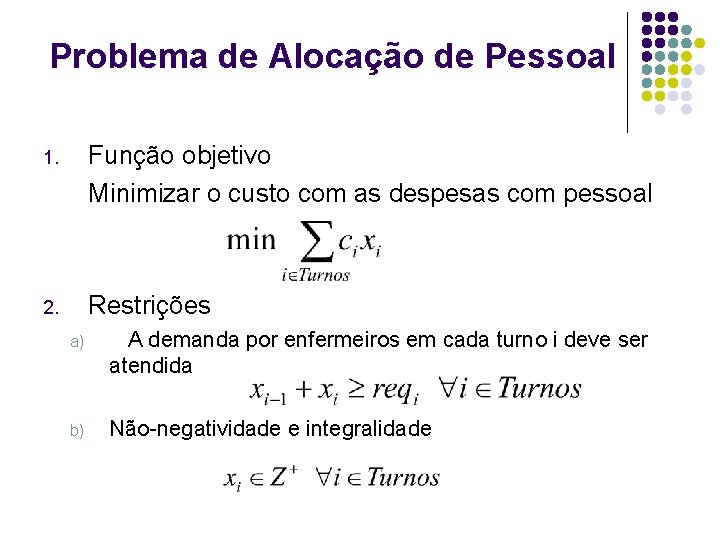 Problema de Alocação de Pessoal 1. Função objetivo Minimizar o custo com as despesas Problema de Alocação de Pessoal 1. Função objetivo Minimizar o custo com as despesas