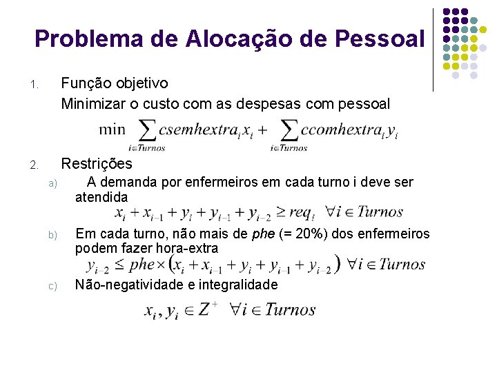 Problema de Alocação de Pessoal 1. Função objetivo Minimizar o custo com as despesas Problema de Alocação de Pessoal 1. Função objetivo Minimizar o custo com as despesas