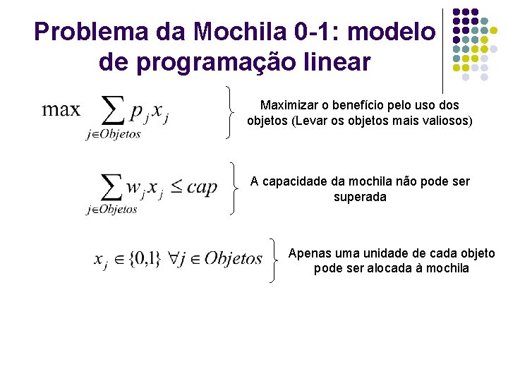 Problema da Mochila 0 -1: modelo de programação linear Maximizar o benefício pelo uso Problema da Mochila 0 -1: modelo de programação linear Maximizar o benefício pelo uso