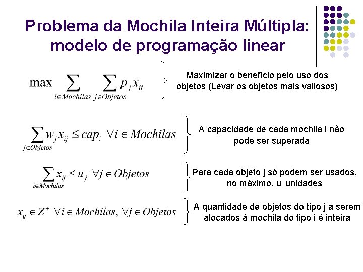 Problema da Mochila Inteira Múltipla: modelo de programação linear Maximizar o benefício pelo uso Problema da Mochila Inteira Múltipla: modelo de programação linear Maximizar o benefício pelo uso