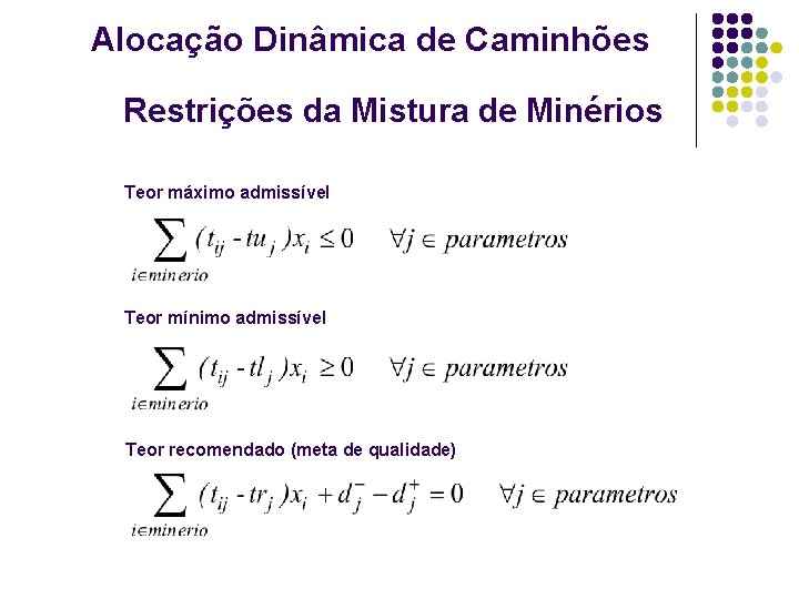 Alocação Dinâmica de Caminhões Restrições da Mistura de Minérios Teor máximo admissível Teor mínimo Alocação Dinâmica de Caminhões Restrições da Mistura de Minérios Teor máximo admissível Teor mínimo