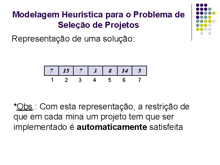 Modelagem Heurística para o Problema de Seleção de Projetos Representação de uma solução: 7 Modelagem Heurística para o Problema de Seleção de Projetos Representação de uma solução: 7