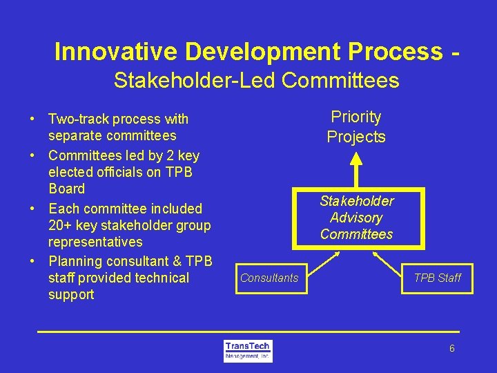Innovative Development Process Stakeholder-Led Committees • Two-track process with separate committees • Committees led