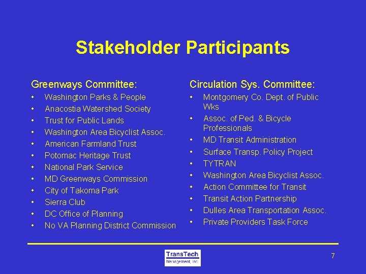 Stakeholder Participants Greenways Committee: Circulation Sys. Committee: • • • • Washington Parks &
