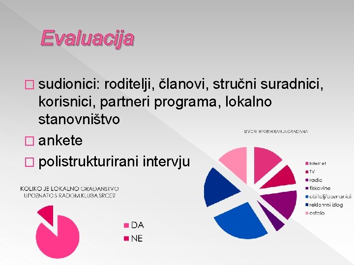 Evaluacija � sudionici: roditelji, članovi, stručni suradnici, korisnici, partneri programa, lokalno stanovništvo � ankete