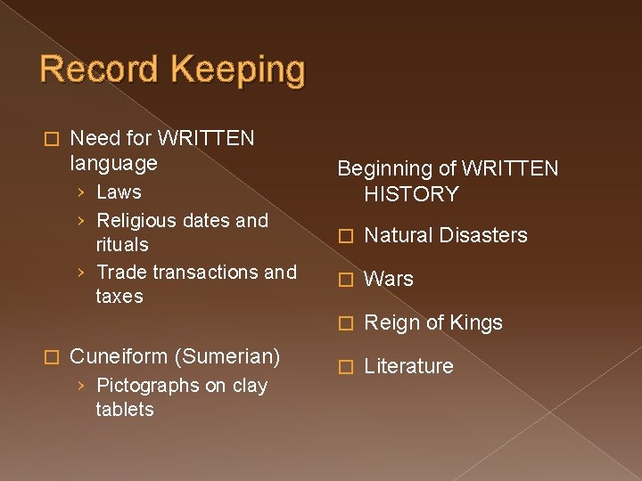 Record Keeping � Need for WRITTEN language › Laws › Religious dates and rituals