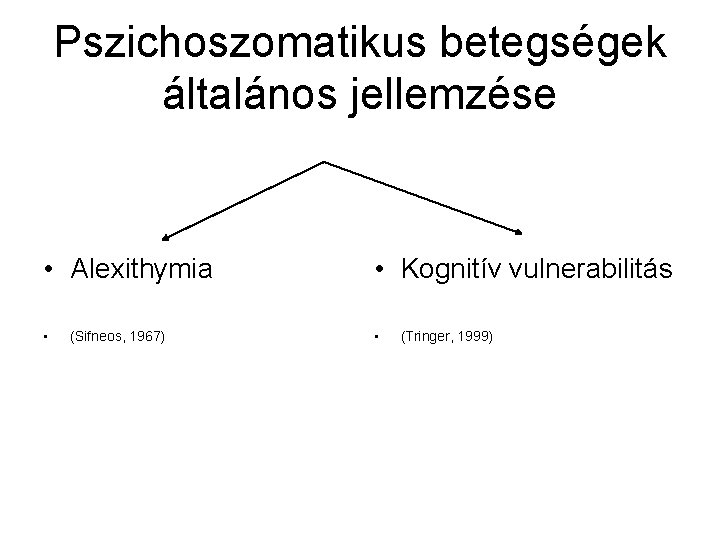 Pszichoszomatikus betegségek általános jellemzése • Alexithymia • Kognitív vulnerabilitás • • (Sifneos, 1967) (Tringer,
