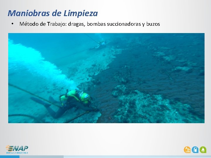 Maniobras de Limpieza • Método de Trabajo: dragas, bombas succionadoras y buzos 1600 m Maniobras de Limpieza • Método de Trabajo: dragas, bombas succionadoras y buzos 1600 m