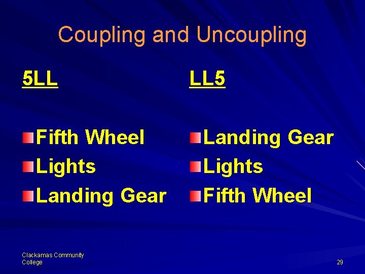 Coupling and Uncoupling 5 LL Fifth Wheel Lights Landing Gear Clackamas Community College LL