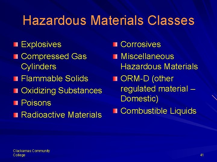 Hazardous Materials Classes Explosives Compressed Gas Cylinders Flammable Solids Oxidizing Substances Poisons Radioactive Materials