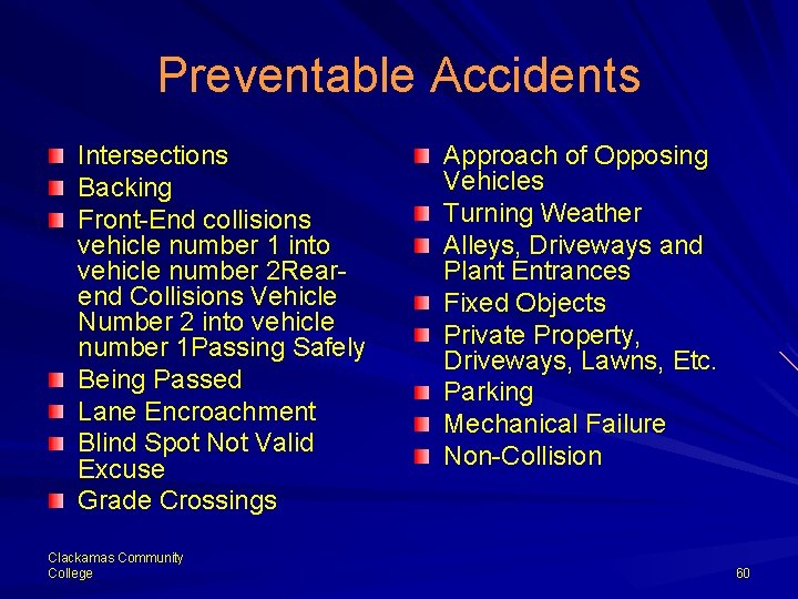 Preventable Accidents Intersections Backing Front-End collisions vehicle number 1 into vehicle number 2 Rearend