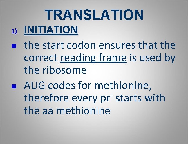 TRANSLATION 1) n n INITIATION the start codon ensures that the correct reading frame TRANSLATION 1) n n INITIATION the start codon ensures that the correct reading frame