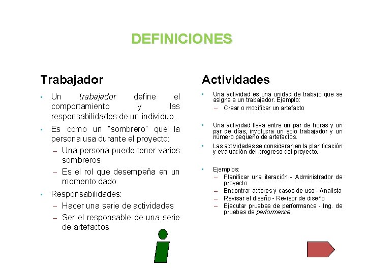 DEFINICIONES Trabajador Actividades • Un trabajador define el comportamiento y las responsabilidades de un