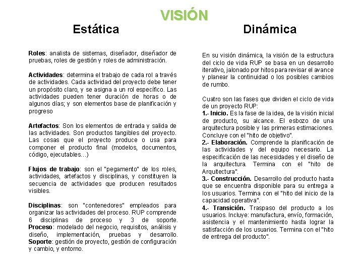 Estática VISIÓN Roles: analista de sistemas, diseñador de pruebas, roles de gestión y roles