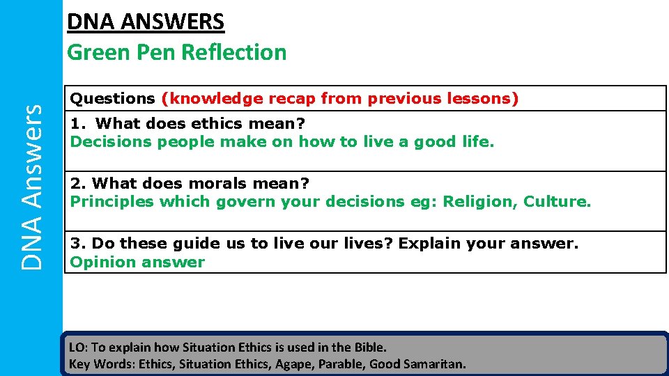 DNA Answers DNA ANSWERS Green Pen Reflection Questions (knowledge recap from previous lessons) 1.