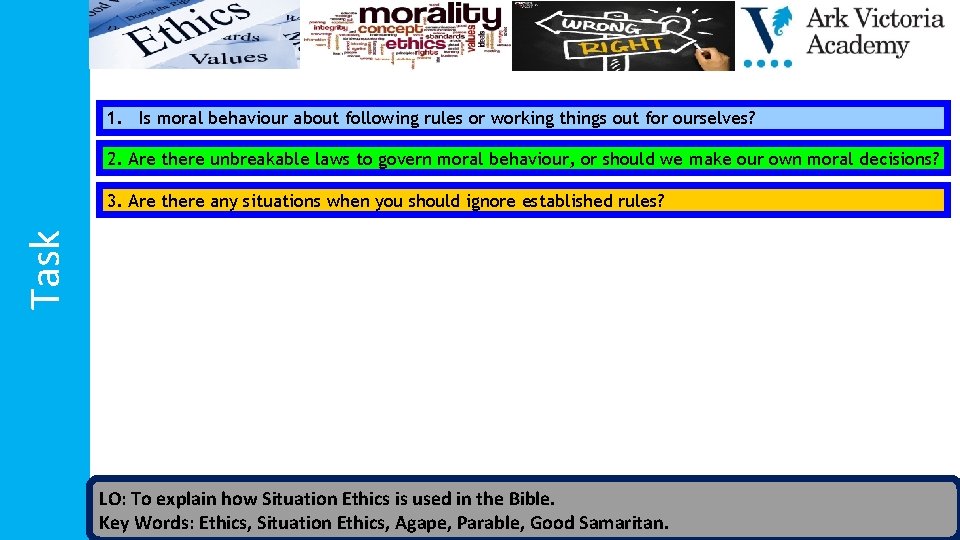 1. Is moral behaviour about following rules or working things out for ourselves? 2.