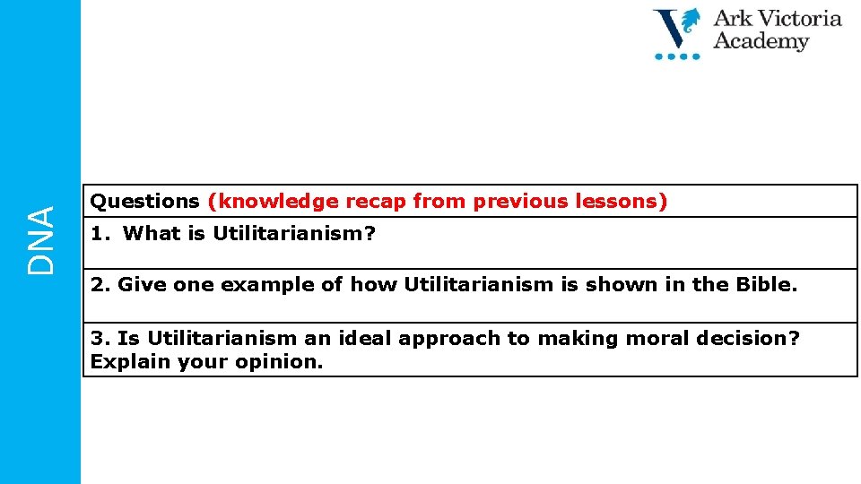 DNA Questions (knowledge recap from previous lessons) 1. What is Utilitarianism? 2. Give one