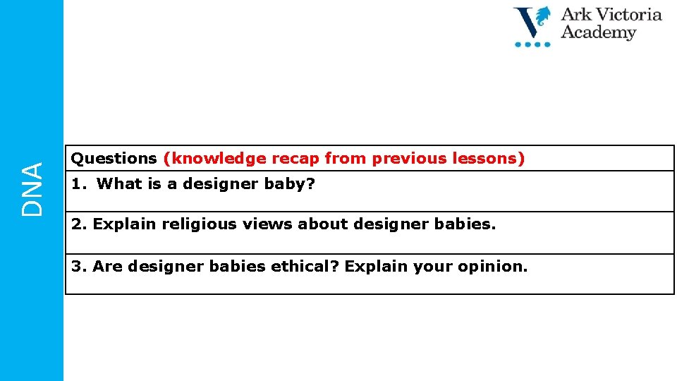 DNA Questions (knowledge recap from previous lessons) 1. What is a designer baby? 2.