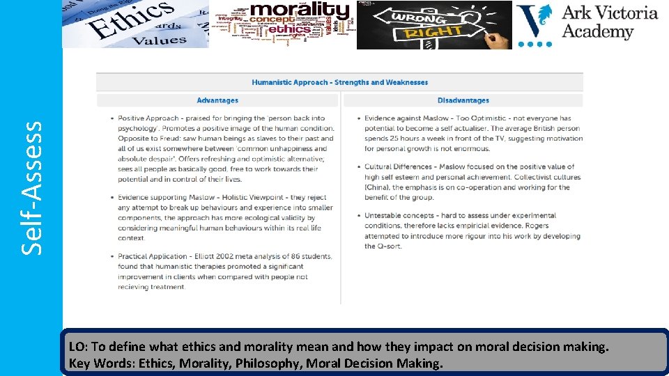 Self-Assess LO: To define what ethics and morality mean and how they impact on